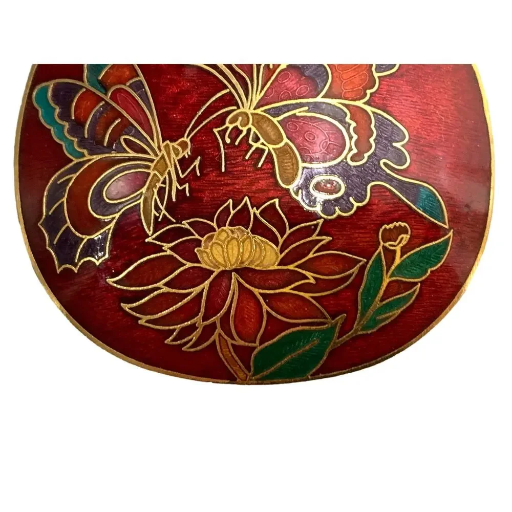 70s Cloisonné Belt Buckle | Red and Gold Butterfly & Flowers | 2.25